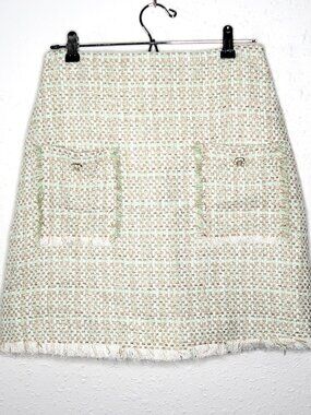 Urban Revivo Light Green Beige Metallic Tweed Frayed Hem Mini Skirt